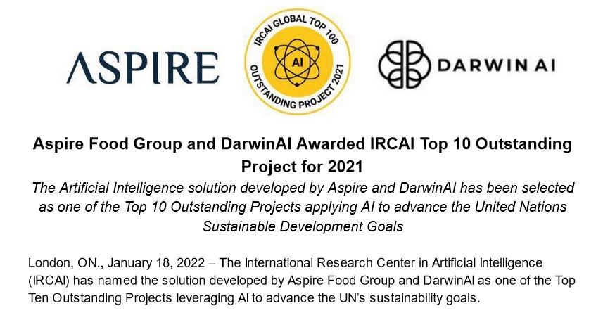 Aspire Food Group and DarwinAI Awarded IRCAI Top 10 Outstanding Project for 2021 thumbnail image.